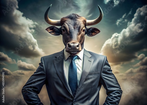 Bullish Businessman Standing Confidently In Front Of A Stormy Sky.