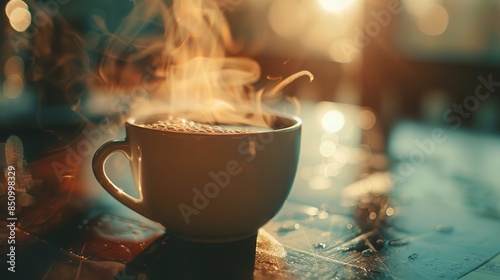 A close-up shot of a steaming cup of coffee