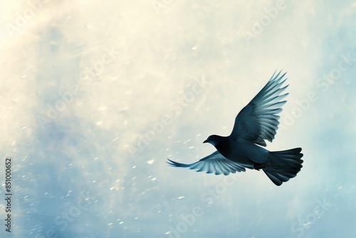 Soft powder blue with the shadow of a bird in flight, freedom and serenity