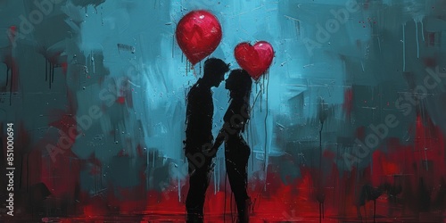 Romantic Couple Silhouette With Heart Balloons