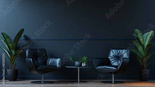 Modern minimalist interior design featuring two black leather armchairs and green plants, creating a luxurious and inviting atmosphere