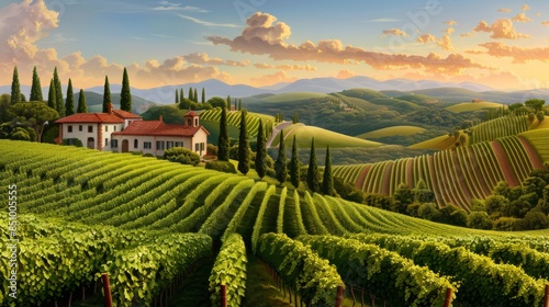Idyllic Italian wine region, expansive vineyards bathed in afternoon light, picturesque farmhouses and cypress trees, cinematic realism with rich colors and fine details