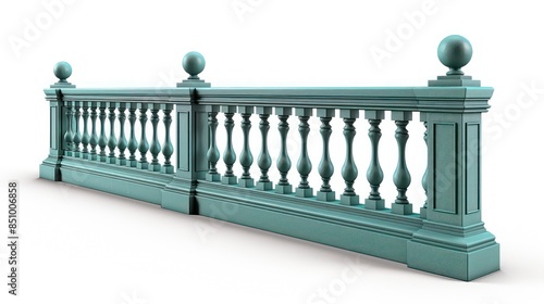 A classic style teal balustrade isolated on a white background, featuring intricate balusters and smooth railings