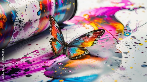 In this image, an abstract butterfly is printed on a printing machine