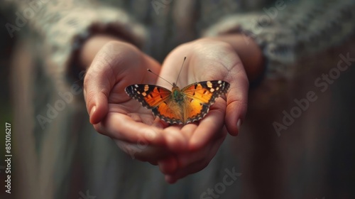 A beautiful and beautiful butterfly cradled in gentle hands, symbolizes fragility, trust and beauty. Ai generated image