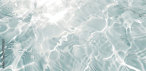 Abstract white water texture background with sunlight reflection and ripples on the clear transparent surface of a swimming pool or river, in the style of banner design. Top view.