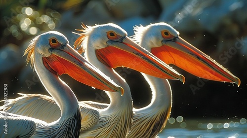  Pelicans gathered near water's edge, surrounded by tree-lined backdrop