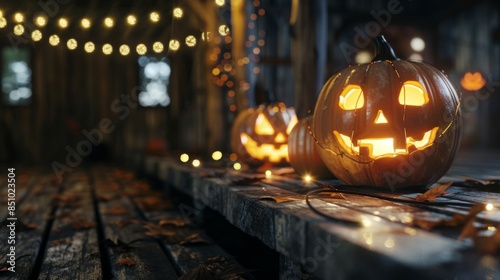 Halloween pumpkins illuminating rustic porch at night