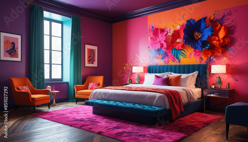 A flamboyant hotel room adorned with vibrant and dynamic colors against an empty wall, offering a lively and energetic environment for guests to enjoy a luxurious and entertaining stay, Generative AI