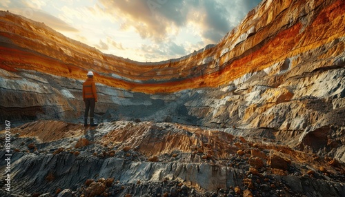 Miner standing in a grand, layered open-pit mine at sunset, capturing the essence of industrial work and natural resource extraction.