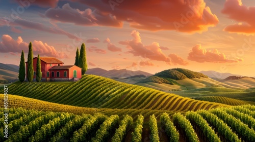 Majestic Italian wine country, endless rows of grapevines under a vivid sky, rolling hills and ancient stone villas, cinematic and highly realistic