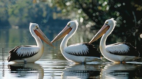  Three pelicans stand in water with open beaks submerged