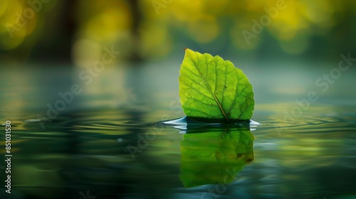 Leaf floating on still pond minimalist scene with vibrant green color