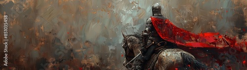 Epic digital painting of a knight in armor on horseback with a red cape, set against a dramatic, stormy background.