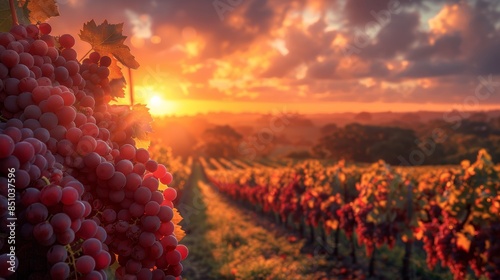 Gorgeous Sunset Over a South Australian Vineyard with Ripe Grapes in the Foreground