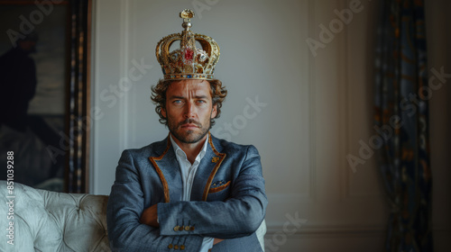 Confident Man Wearing Royal Crown in Formal Attire Sitting Indoors