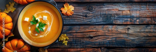 Vegan Soup. Butternut and Carrot Soup with Cream and Parsley on Dark Wooden Background. Autumn Meal Concept