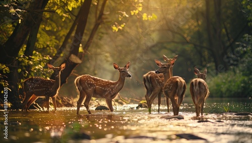A flock of beautiful spotted deer with huge horns in the forest among trees and green grass. Wild spotted deer in their natural habitat.