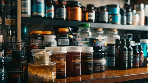 A close-up view of various jars and bottles of different sizes and shapes, sitting on a wooden shelf in a kitchen cabinet.