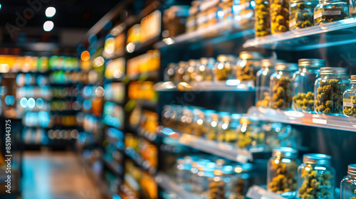 Cannabis buds neatly arranged in glass jars create an inviting display for customers at a dispensary