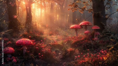 Rosy glow scarlet mushrooms in forest
