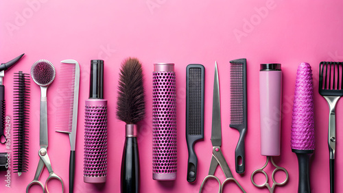 Professional hair dresser tools on pink background with copy space