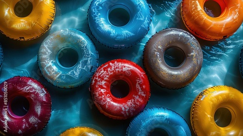  A colorful array of donuts arranged on blue and yellow inflatable floaters