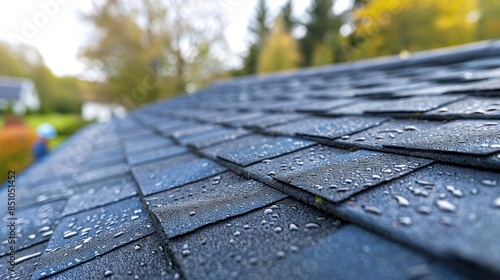 Close-up shot of a roof covered in raindrops after a summer shower