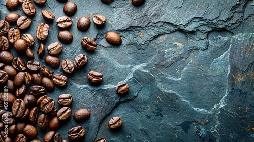  A group of coffee beans resting atop a dark table, adjacent to a sheet of written paper