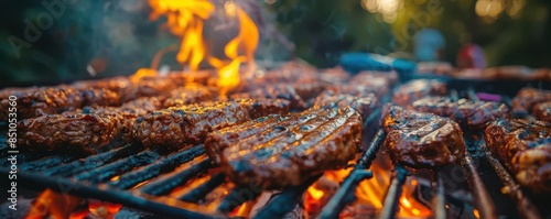 Close-up of delicious steaks and ribs grilling over flames, perfect for a summer barbecue or outdoor cookout. Sizzling meat on a hot grill.