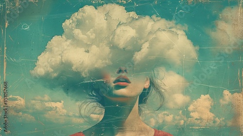 Retro, vintage, abstract collage portrait of a faceless woman with a huge, soft, white cloud on her head