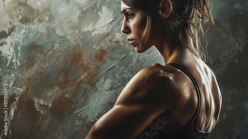 A woman with defined back muscles poses in a studio with a textured background.