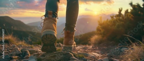 Close up of a woman hiking in the mountains, walking with boots on a trail path at sunrise or sunset. A hiker backpacking and trekking around the world enjoying nature landscape scenery views 