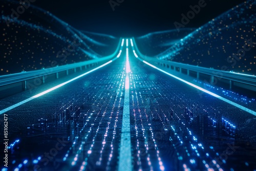 Futuristic digital highway illuminated with neon lights, symbolizing high-tech advancements and the path to a digital future.