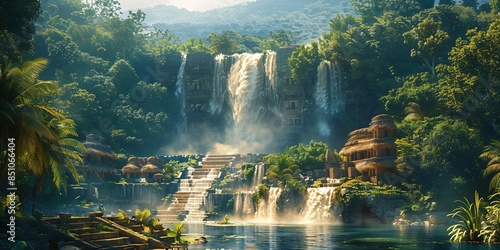 a great waterfall in a tropical rainforest river landscape with mysterious temple ruins