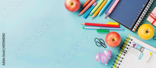 Top view of school supplies on pastel blue background