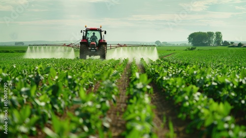 A tractor is spraying a field of green plants