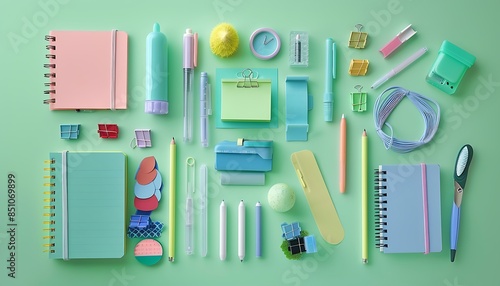 Variety of colorful stationery items on pastel green background
