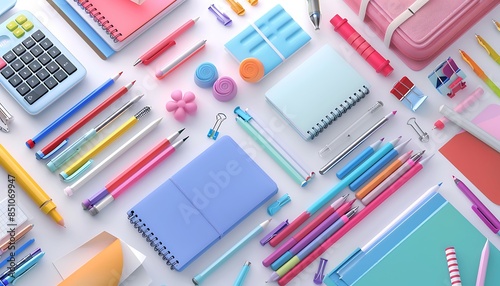 Variety of colorful stationery items on white table surface