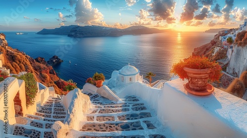 Sunny Morning Panorama of Santorini Island with Scenic Sea View and Traditional Architecture