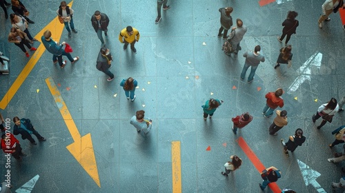 Top view of a large crowd of people walking in different directions.