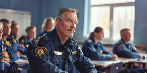 An adult male firefighter in a blue uniform sits attentively in a classroom, symbolizing the education and training of fire rescuers and emergency services professionals