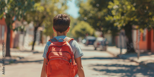 A dark-haired eight-year-old Hispanic man walks down the street on his way back to school.