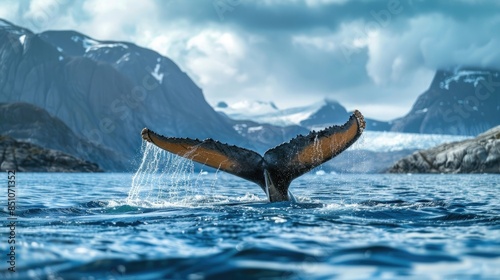 Humpback whale dives and shows the tail in Atlantic ocean, western Greenland