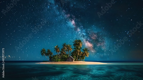 Little island with palm tree in middle of blue sea water