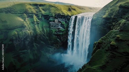 Iceland waterfall Skogafoss banner nature landscape. Panoramic destination in Icelandic famous world landmark tourist attraction on South Iceland. Aerial drone view of top waterfall