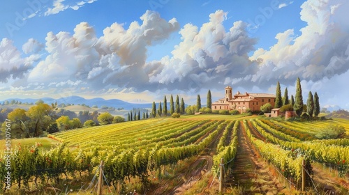 idyllic Tuscany landscape with vineyards and a manor house
