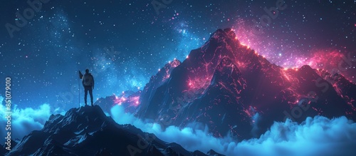 Solitary Figure on a Mountaintop Under a Starry Sky