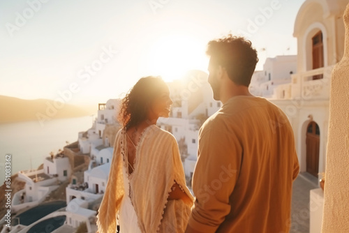 Couple enjoying sunset overlooking whitewashed buildings in greece