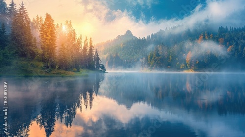 Mglista poranna scena jeziora Lacu Rosu. Mgłowy lato wschód słońca w Harghita okręgu administracyjnym, Rumunia, Europa. Piękno natury pojęcia tło.